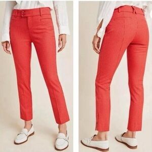 Anthropologie Mid-Rise Essential Slim Trousers Red Rouge Windowpane Pants Sz 8